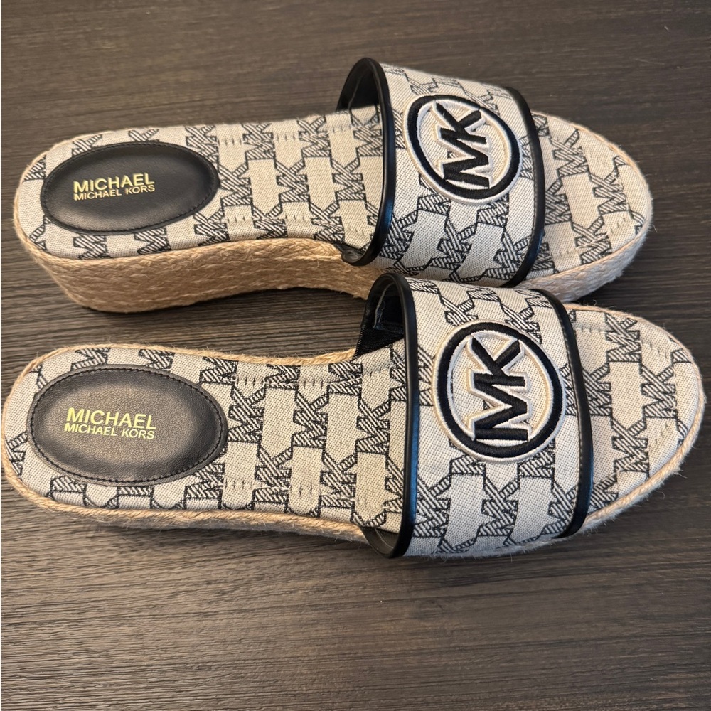 Michael Kors Sadler Logo Jacquard and Jute Wedge Sandal Black and Cream